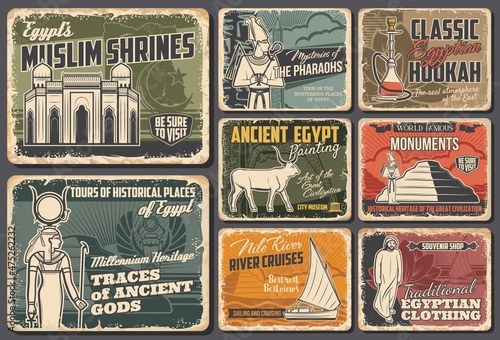 Ancient Egypt travel retro vector posters. Cairo pyramids, Egyptian muslim shrines, Pharaoh mysteries. Egyptology exhibition and museum, god temples and monuments, vintage Egypt landmarks, sightseeing