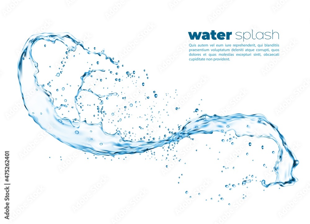 Isolated swirl transparent realistic water splash with drops. Vector liquid wave flow, splashing swirl aqua dynamic motion with spray droplets, fresh drink transparent whirl wave - obrazy, fototapety, plakaty 