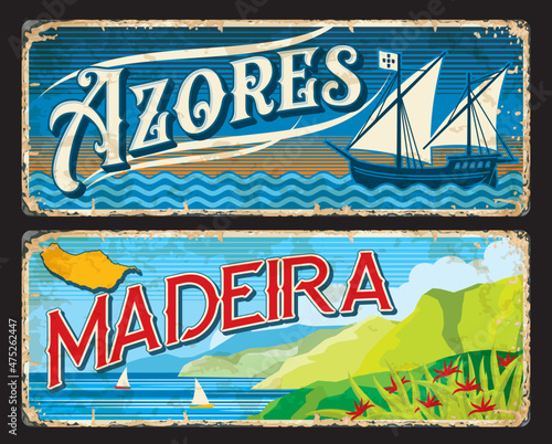 Azores and Madeira islands portuguese province plates and travel stickers, vector. Tin signs with districts of Portugal or metal plates with city tagline, flags and sea travel or tourism landmarks