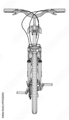 Detailed bike wireframe from black lines isolated on white background. Front view. 3D. Vector illustration