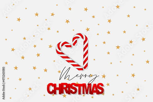 Christmas simple lite background with realistic red and white cane candy forming a heart and golden stars. Xmas holiday cover poster. Top view flat lay. Vector illustration.