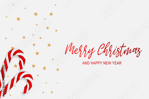 Christmas simple lite background with realistic red and white cane candy forming a heart and golden stars. Xmas holiday cover poster. Top view flat lay. Vector illustration.