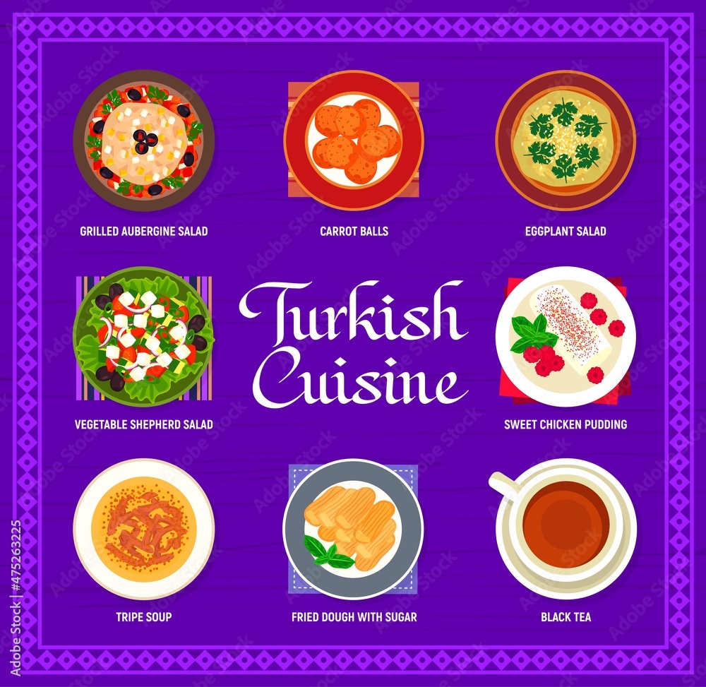 Turkish cuisine menu and Turkey dishes or restaurant meals of desserts and chicken, vector. Turkish food dishes menu with carrot balls and sweet pudding, black tea and vegetable shepherd salad Turkish cuisine menu and Turkey dishes or restaurant meals of desserts and chicken, vector. Turkish food dishes menu with carrot balls and sweet pudding, black tea and vegetable shepherd salad