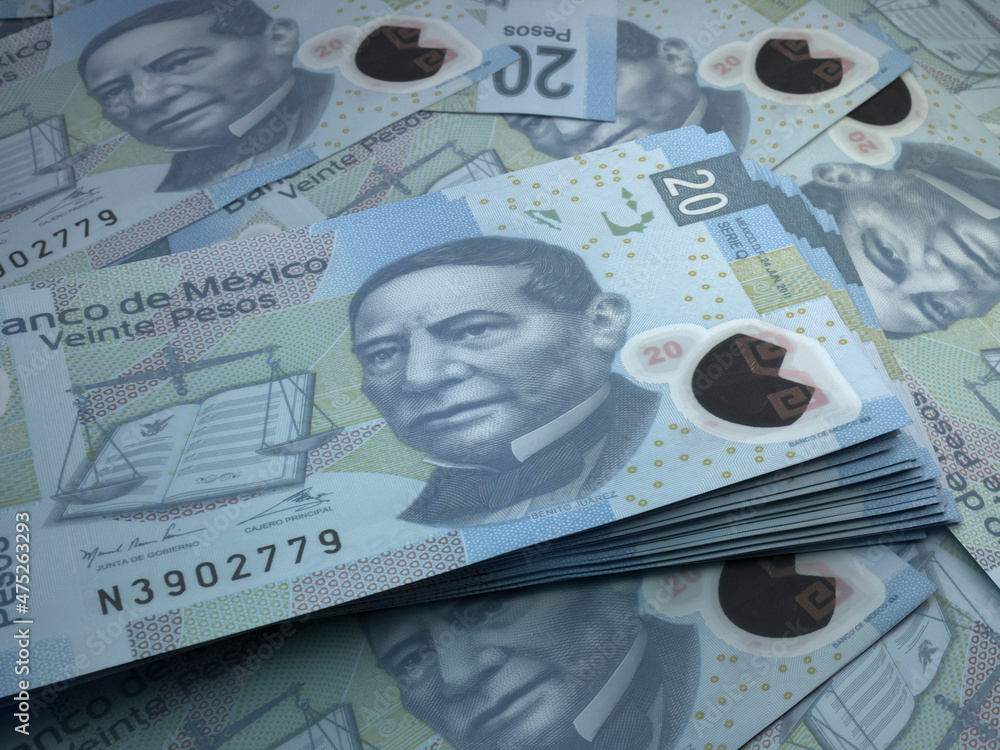 Fototapeta premium Mexican money. Mexican peso banknotes. 20 MXN pesos bills.