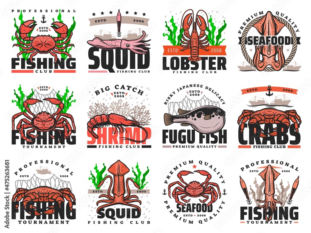 Seafood, fish and fishing sport isolated vector icons with sea animals and fisherman tackles. Ocean crab, squid, lobster and shrimp, fugu and prawn, fishing boat and net, ship anchor and rope emblems