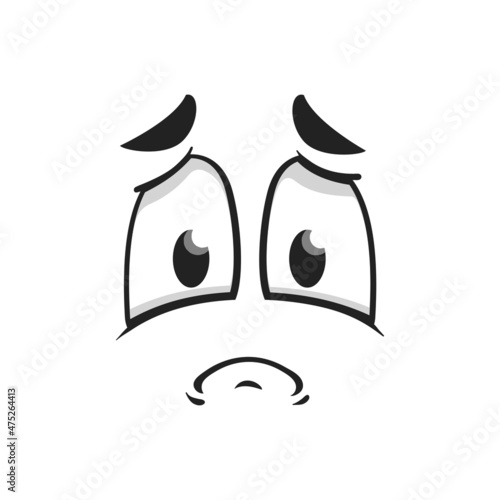 Cartoon sad face, vector plaintive look, unhappy or upset emoji personage. Tragic facial expression with corners of the mouth curve down. Isolated character negative feelings, sadness emotion