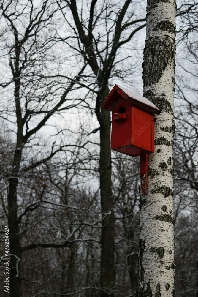 Bright red snowy birdhouse on a tree Bright red snowy birdhouse on a tree