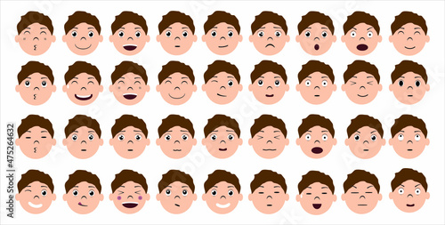Set of cute boy emotions vector illustration. Boy's facial expression collection. Cartoon boy face character