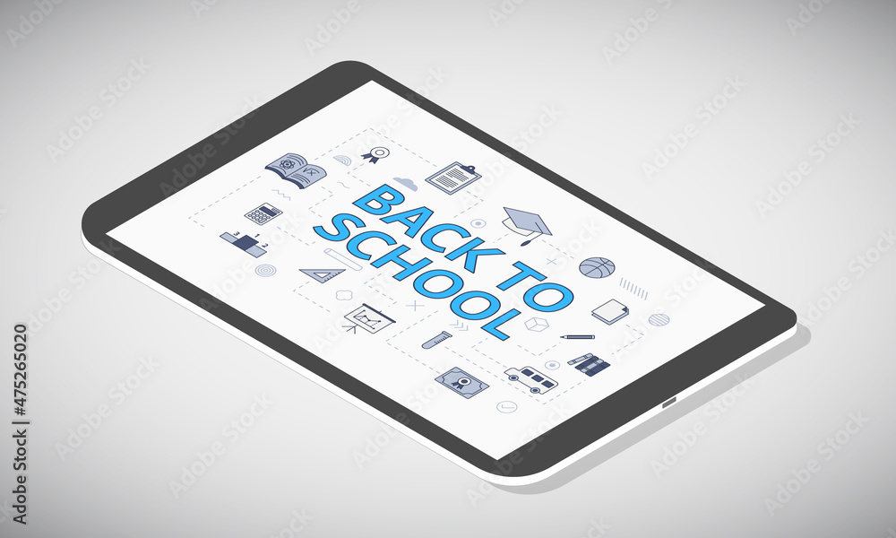 back to school concept on tablet screen with isometric 3d style back to school concept on tablet screen with isometric 3d style