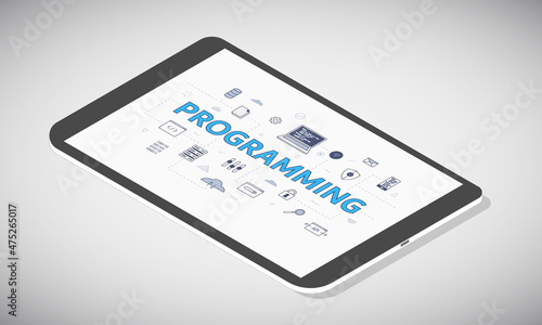 programming technology concept on tablet screen with isometric 3d style