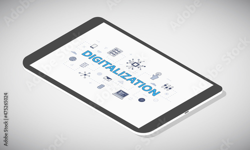 digitalization technology concept on tablet screen with isometric 3d style