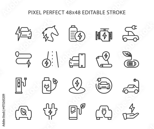 Simple set of electro car related vector line icons. Flat, digital icon set for web and mobile. Pixel Perfect 48x48 Editable Stroke.