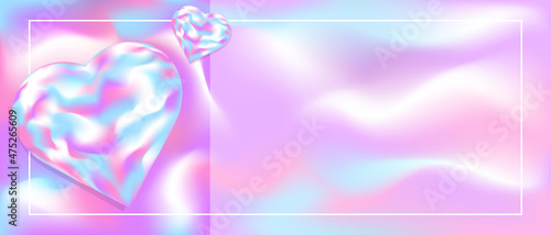 Holographic background for Valentine's Day, International Women's Day, date, birthday in trendy style. 
Holographic hearts on an abstract background. Horizontal template for invitation, coupon.