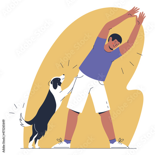 Illustration of a young man doing stretching excercise with a dog, fitness concept