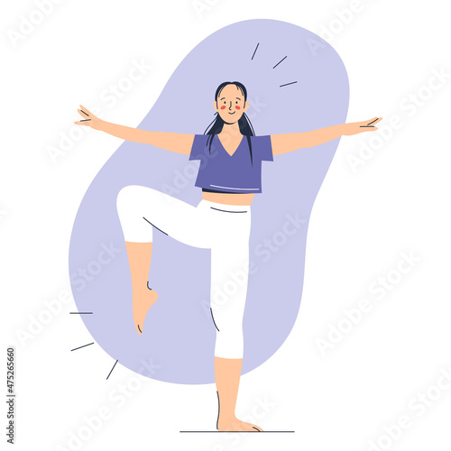 Illustration of a young woman doing balancing excercise, fitness concept