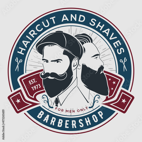 Barbershop logo, poster or banner design concept with barber pole and bearded men. Vector illustration