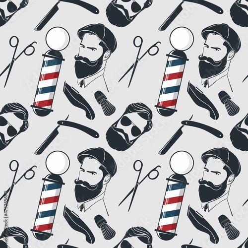 Barbershop seamless pattern with hipster face, hairdressing scissors and razor. Vector illustration
