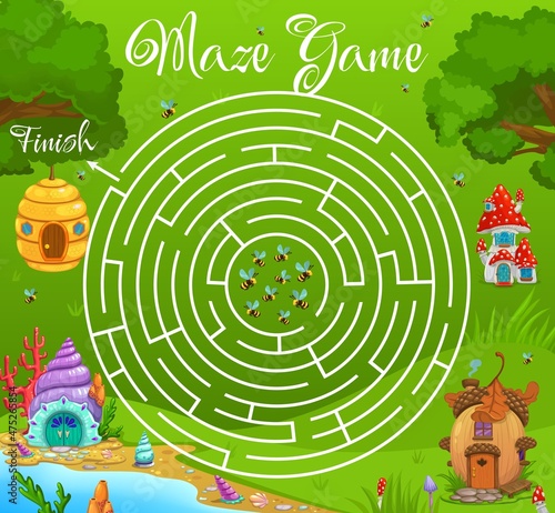 Labyrinth maze, swarm of bees find their way to the hive. Vector kid game task worksheet with mushroom, acorn, seashell and beehive fairy houses or dwellings and round path on green field