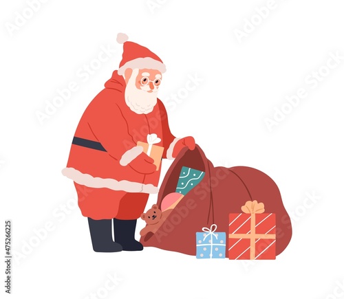 Santa Claus preparing Christmas gift boxes, putting presents into red bag. Bearded character packing Xmas sack for winter holidays and New Year. Flat vector illustration isolated on white background
