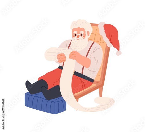 Santa Claus reading Christmas wish list, sitting in chair. Retro bearded char...