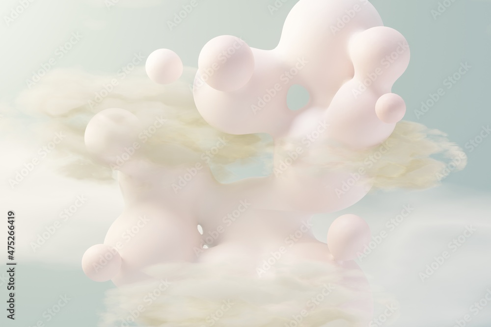 3d render of pastel ball, soaps bubbles, blobs that floating on the air with fluffy clouds and ocean. Romance land of dream scene. Natural abstract dreamy sky. 3d render of pastel ball, soaps bubbles, blobs that floating on the air with fluffy clouds and ocean. Romance land of dream scene. Natural abstract dreamy sky.