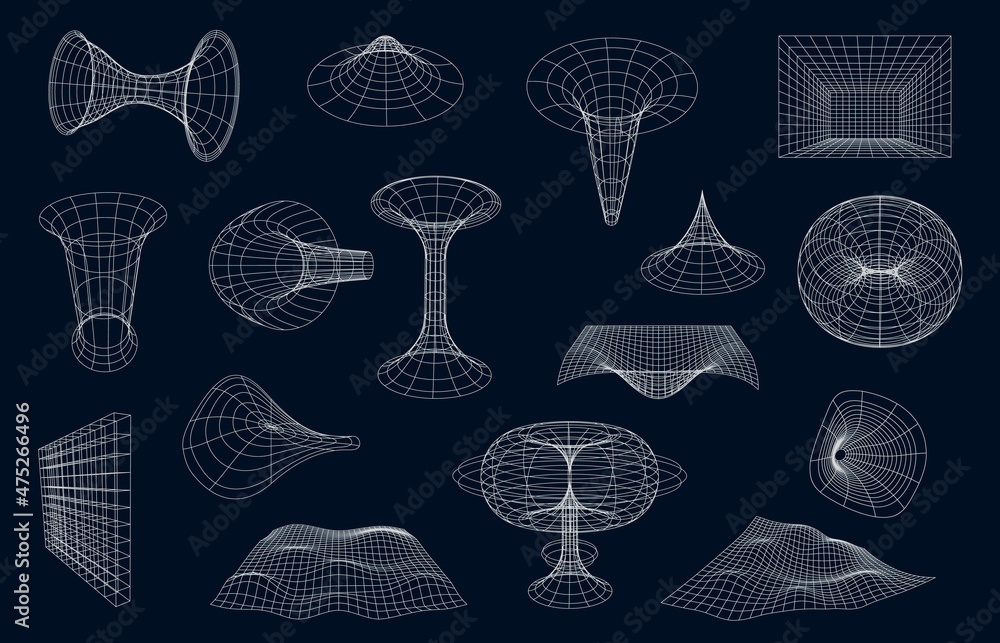 3d Wireframe geometric shapes, surface grid and sphere ball, torus and net, cyber globe. Vector science figures, objects, fractals and graphic forms circles. Waves, wire structures and constructions - obrazy, fototapety, plakaty 