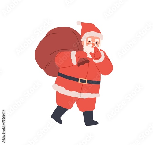 Santa Claus walk with Christmas bag. Happy Xmas character carry big sack of g...