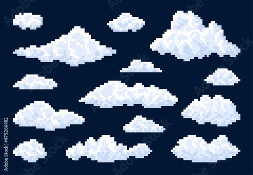 White isolated fluffy bubble pixel clouds in blue sky, vector 8bit pixel art game icons. Cartoon 8 bit space background with clouds landscape elements, cubic retro 2d game asset photo
