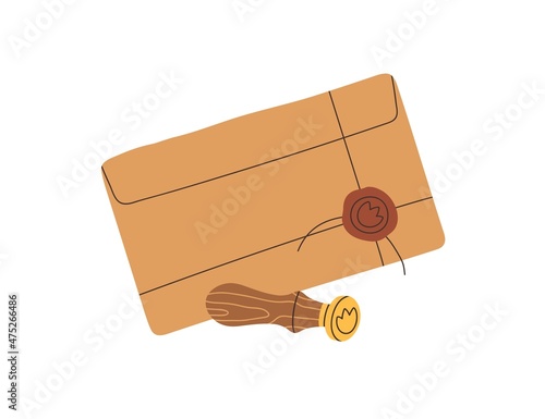 Closed craft envelope sealed with wooden wax stamp. Vintage paper corresponde...