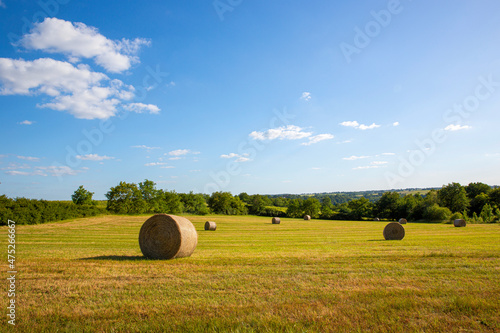 Meule de foin dans les champs en campagne agricole.