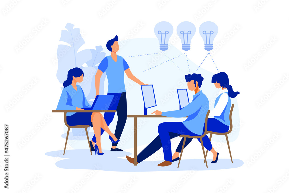 Fototapeta premium business meeting and brainstorming, business concept for teamwork, searching for new solutions, little people are sitting on light bulbs in search of ideas flat modern design illustration