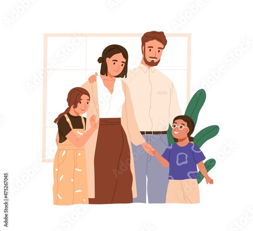 Happy foster parents adopting kid. Family with mother, father, daughter and her adoptive sister. Custody and adoption of child concept. Flat vector illustration isolated on white background