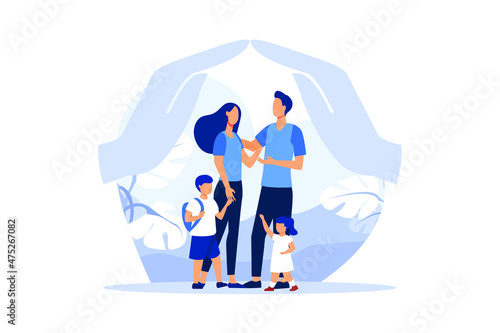 happy prosperous family in flowers, mother father daughter son cuddling together near family protection vector Family conflict flat modern design illustration