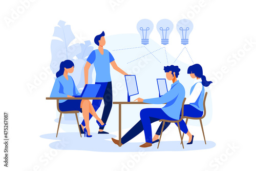 business meeting and brainstorming, business concept for teamwork, searching for new solutions, little people are sitting on light bulbs in search of ideas flat modern design illustration
