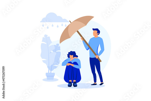 concept of support for those under stress, a young man holds out an umbrella from the rain to another in a state of depression flat modern design illustration