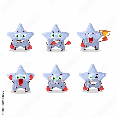 A sporty star blue gummy candy E boxing athlete cartoon mascot design