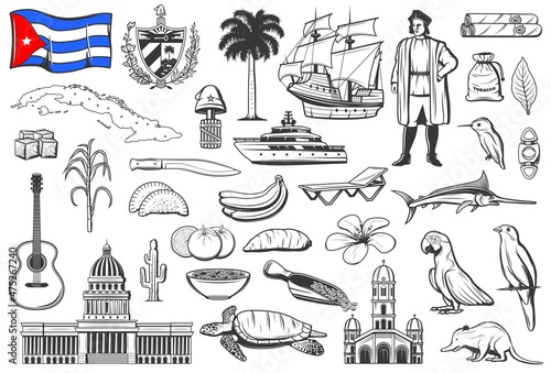 Cuba national symbols, cuisine and nature engraved icons set. Cuban flag and Coat of Arms, capitol building and island map, Christopher Columbus ship, fruits and animals, cigars cutter, machete vector photo