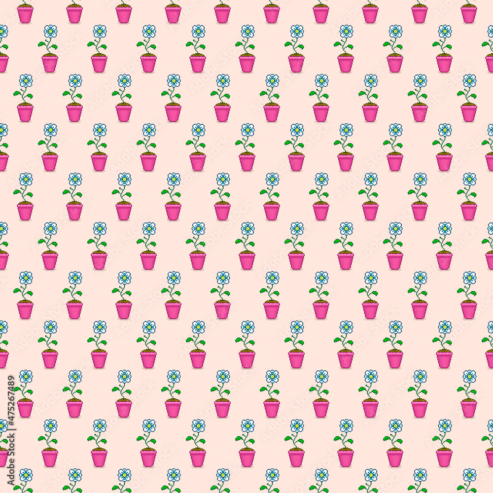 colorful simple pixel art seamless pattern of cartoon white chamomile flower in pink pot in the style of retro video games on pastel beige background colorful simple pixel art seamless pattern of cartoon white chamomile flower in pink pot in the style of retro video games on pastel beige background