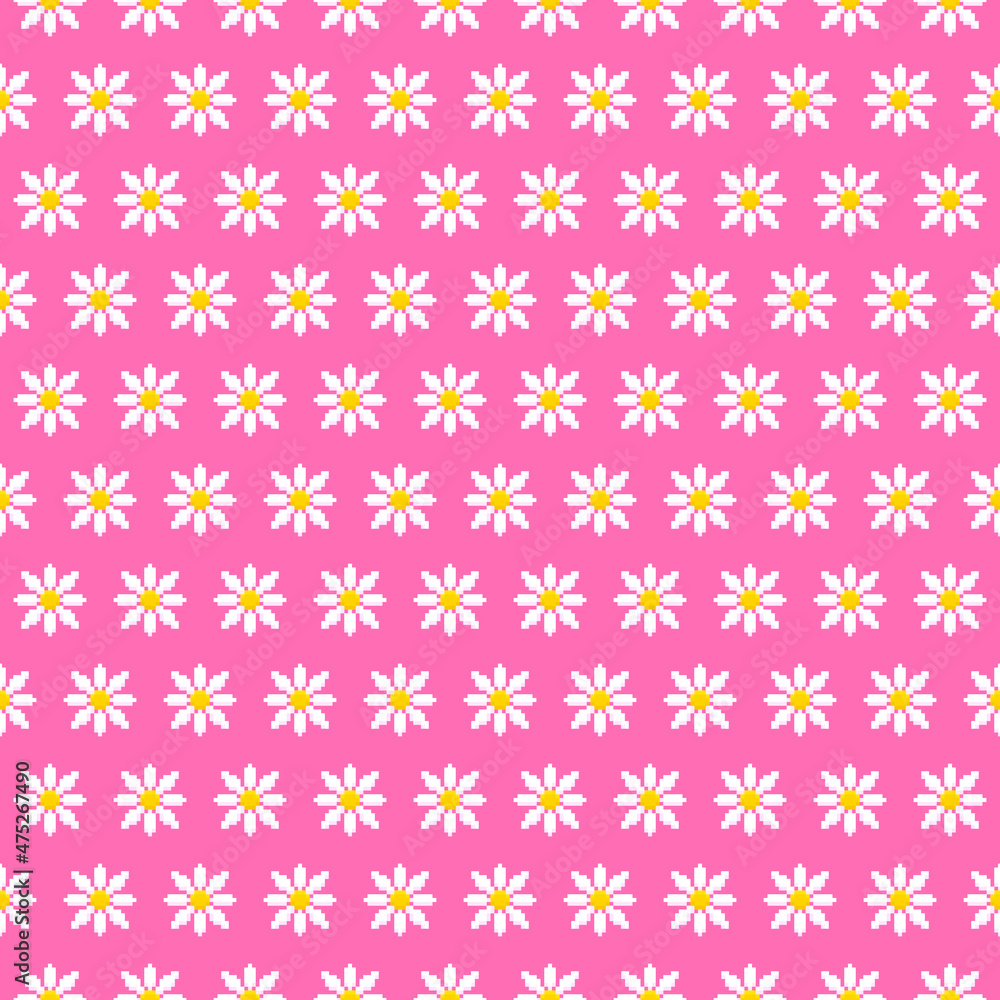 colorful simple vector pixel art seamless pattern of cartoon white chamomile flower on pink background