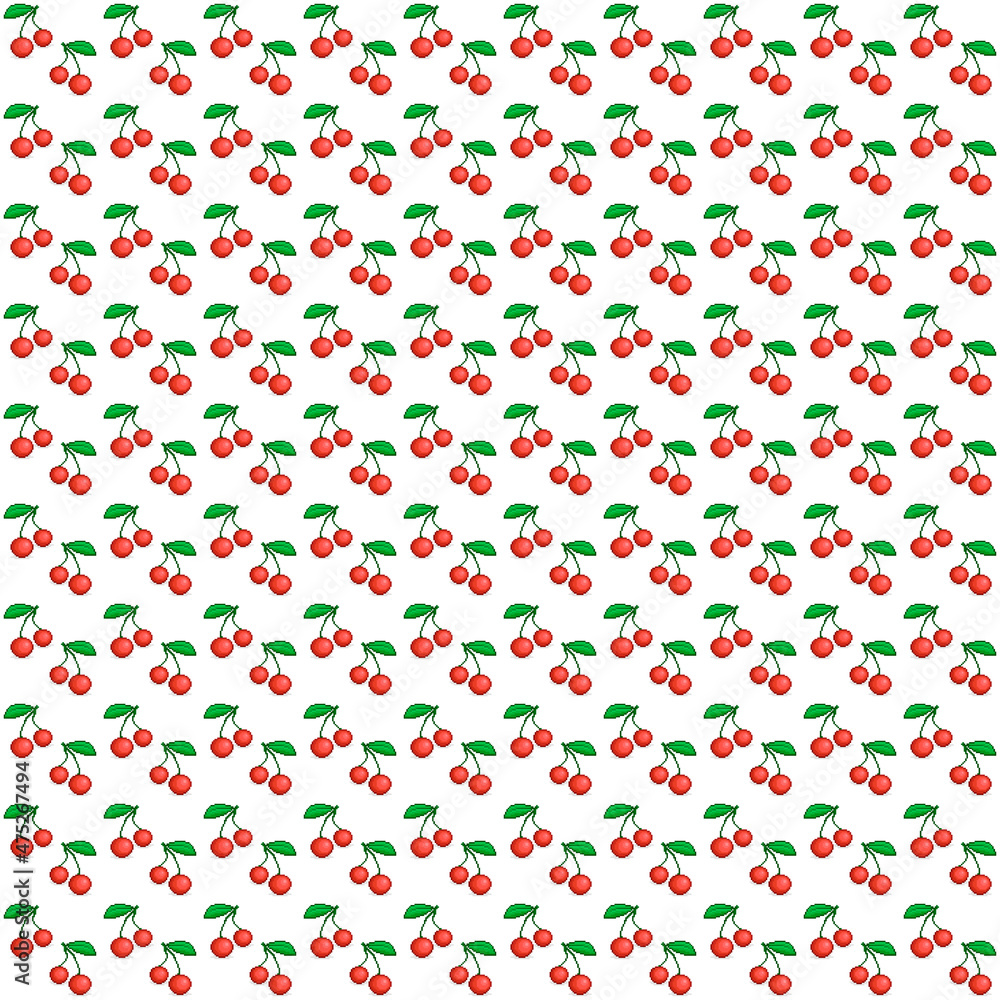 colorful simple vector pixel art seamless pattern of cartoon pair of red cherries on a twig with green leaf on white background