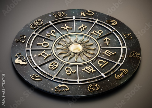 The horoscope wheel with Zodiac signs and constellations of the zodiac. 3D illustration