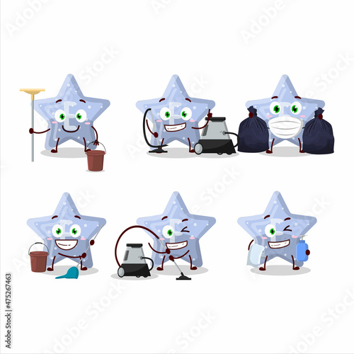 Cleaning service star blue gummy candy E cute cartoon character using mop