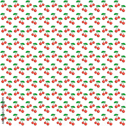 colorful simple vector pixel art seamless pattern of cartoon pair of red cherries on a twig with green leaf on white background