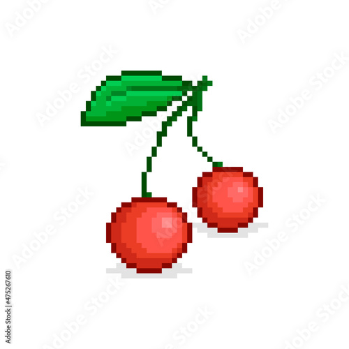 colorful simple flat pixel art illustration of cartoon pair of red cherries on a twig with green leaf on white background