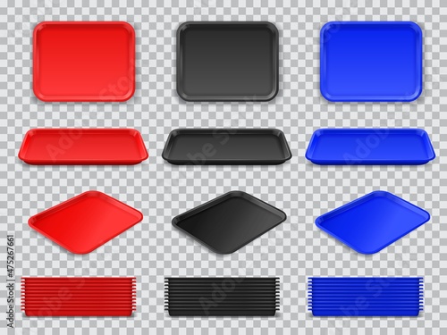 Food plastic tray mockup, red, grey and blue rectangle lunch salver. Vector school or restaurant empty tray isolated top and front view. Realistic 3d object, kitchen platters set