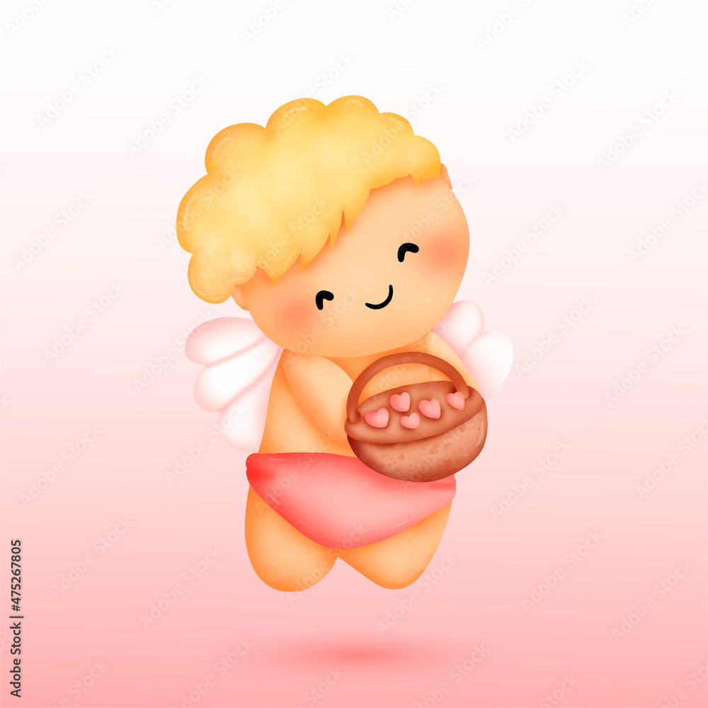 cupid love element for valentines day is holding hearts basket.Cute cartoon fly in the sky and smiling with wings.sweet angel watercolor style for banner. cupid love element for valentines day is holding hearts basket.Cute cartoon fly in the sky and smiling with wings.sweet angel watercolor style for banner.
