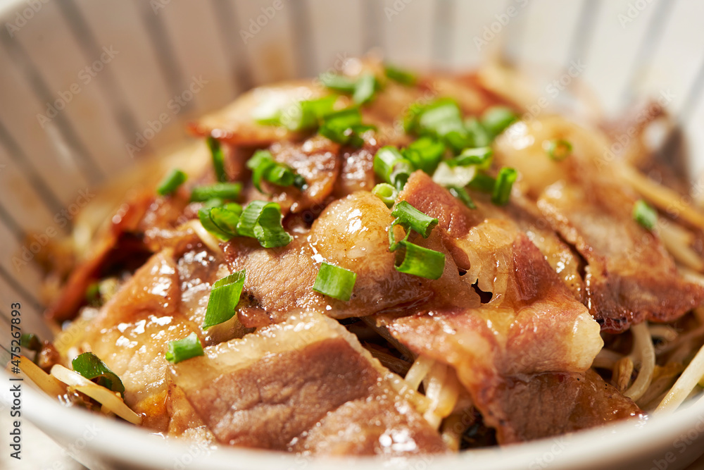 Grilled pork with scallion and egg rice bowl Grilled pork with scallion and egg rice bowl