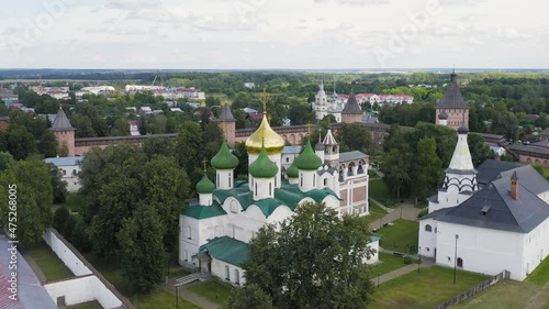 Suzdal, Russia. Flight. The Saviour Monastery of St. Euthymius. Cathedral of the Transfiguration of the Lord in the Spaso-Evfimiev Monastery, Aerial View Hyperlapse photo