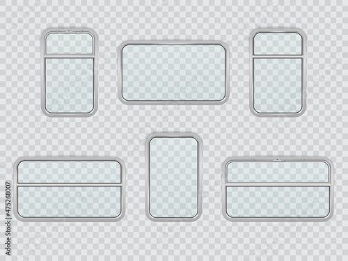 Train, railway, metro and subway realistic interior windows. Vector set of clear glasses with metal frame in wagon. Passenger compartment in railroad transport isolated on transparent background
