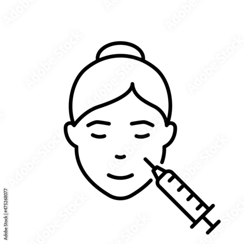 Anti-aging Treatments for Women. Woman Facial Injection Line Icon. Botox, Filler, Mesotherapy, Anti Aging Procedure Outline Icon. Cosmetology Skin Care for Girl Face Pictogram. Vector Illustration